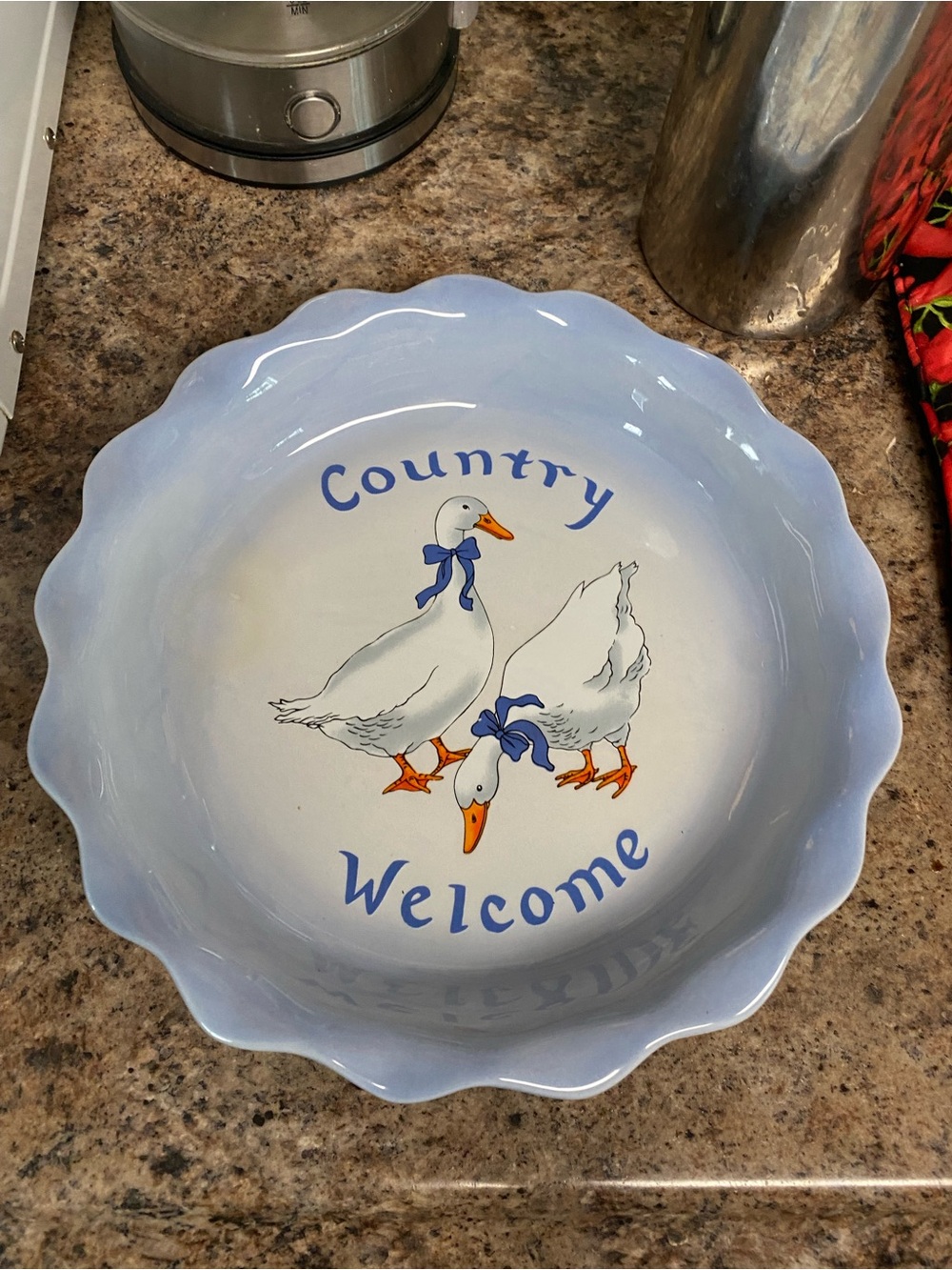 Vintage Light Blue Country Welcome Ceramic Pie Plate